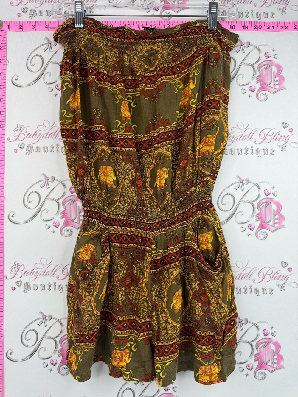 Spooy jeans romper Olive & Mustard Strapless Boho Dress with Elephant Print